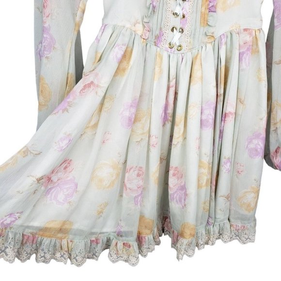 Liz Lisa Green Floral Lace Up Sheer Mini Dress Lolita Cottagecore Kawaii Small - Picture 6 of 8